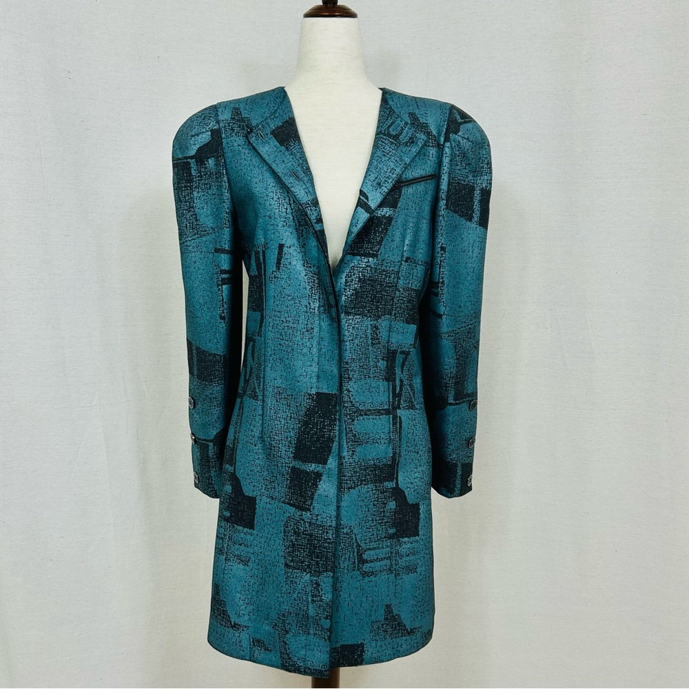Bernard Perris Paris Vintage Teal and Black Abstract Long Sleeve Blazer Coat S